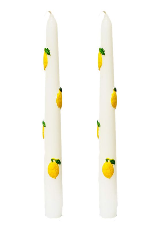 2 Candele Coniche con Limoni in cera  - Diametro 2,2 cm Altezza 25 cm - Colore Bianco
