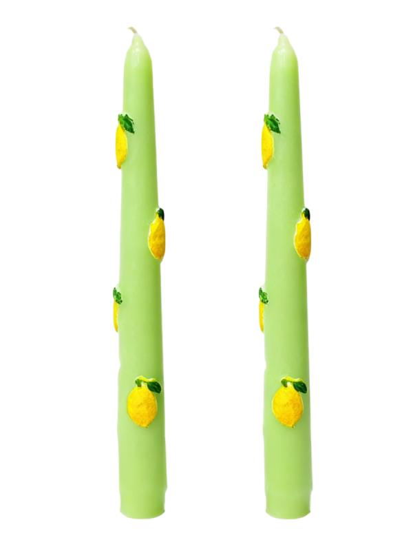 2 Candele Coniche con Limoni in cera  - Diametro 2,2 cm Altezza 25 cm - Colore Pistacchio