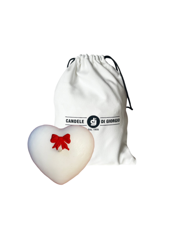 Candela a forma di Cuore Graffiato - Bianco- con fiocco Rosso  - 10x5 cm 