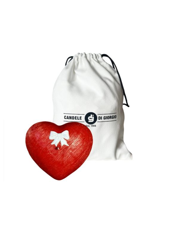 Candela a forma di Cuore Graffiato - Rosso - con fiocco Bianco - 10x5 cm