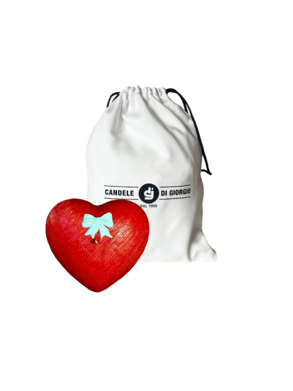 Candela a forma di Cuore Graffiato - Rosso - con fiocco Bianco - 10x5 cm