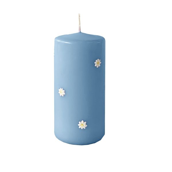 Cero con Margherite in cera Ø 7 cm h. 15 cm - Dusty Blu