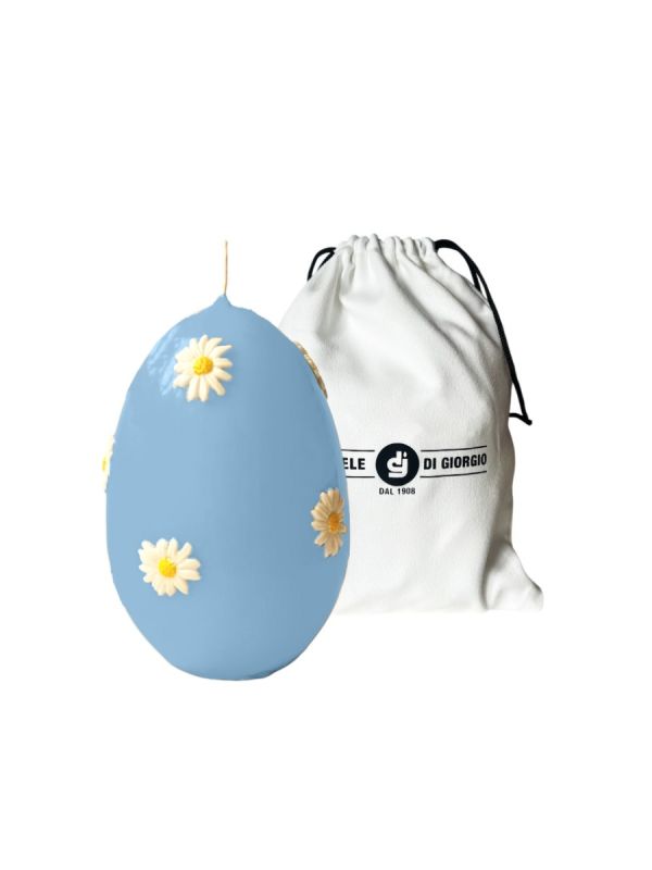 Candela a forma di Uovo con Maxi Margherite- Celeste- h 14 cm