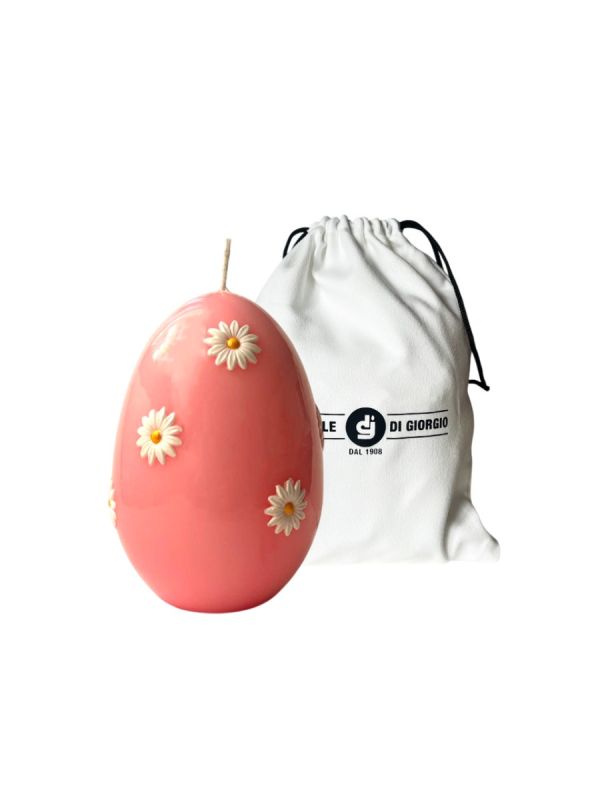 Candela a forma di Uovo con Maxi Margherite- Rosa Polvere- h 14 cm