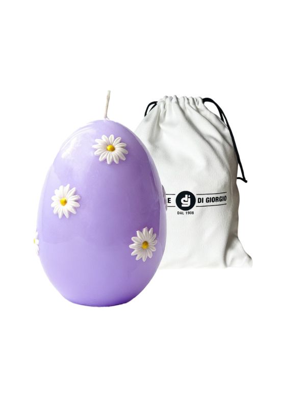 Candela a forma di Uovo con Maxi Margherite - Viola Polvere - h 14 cm