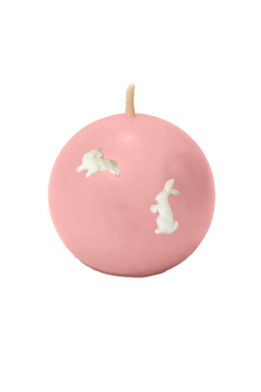 Candela Sfera diametro 10 cm con coniglietti decorativi -  Colore Rosa Polvere