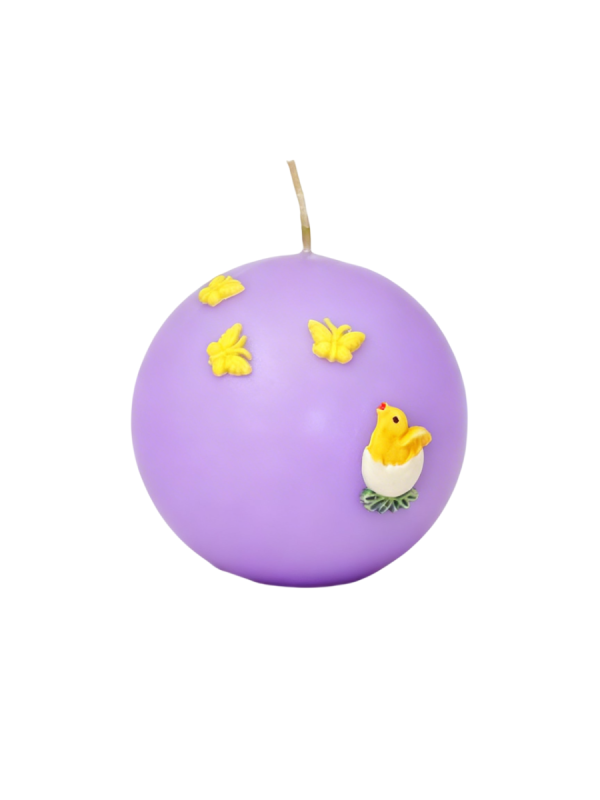 Candela Sfera diametro 10 cm con Farfalle e Pulcino in cera - Colore Viola Polvere