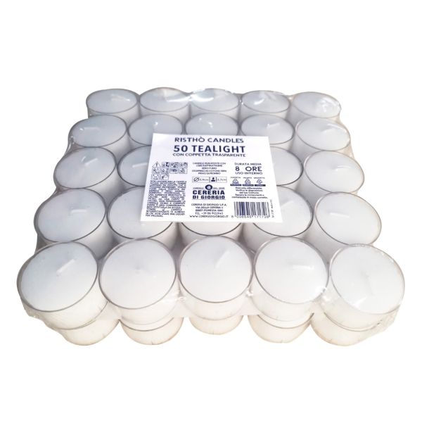Tealight con cup trasparente Ø 3,9 cm h. 2,7 cm 50 pezzi - Durata 8 ore