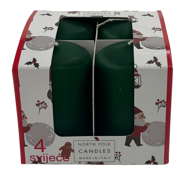 4 Candele Cero - Colore Verde- Diametro 4 cm Altezza 6 cm - Durata 6 ore - Astuccio Decorato - Idea Regalo Natale