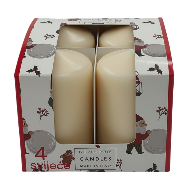4 Candele Cero - Colore Avorio - Diametro 4 cm Altezza 6 cm - Durata 6 ore - Astuccio Decorato - Idea Regalo Natale