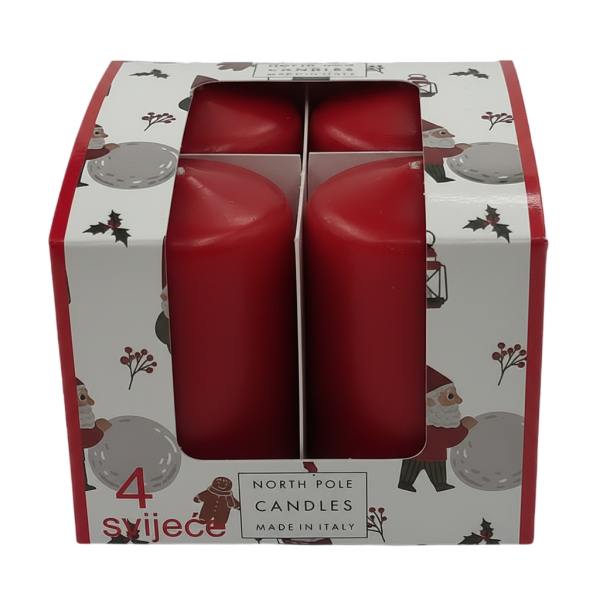 4 Candele Cero - Colore Rosso- Diametro 4 cm Altezza 6 cm - Durata 6 ore - Astuccio Decorato - Idea Regalo Natale