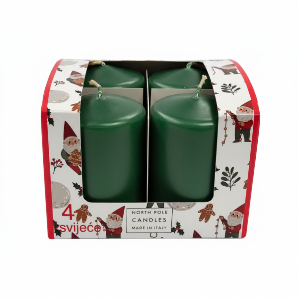 4 Candele Cero - Colore verde- Diametro 5 cm Altezza 7 cm - Durata 22 ore - Astuccio Decorato 