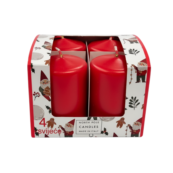 4 Candele Cero - Colore Rosso - Diametro 5 cm Altezza 7 cm - Durata 22 ore - Astuccio Decorato 