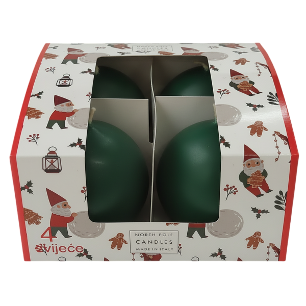 4 Candele Sfera - Colore Verde- Diametro 6 cm - Durata 15 ore - Astuccio Decorato - Idea Regalo Natale