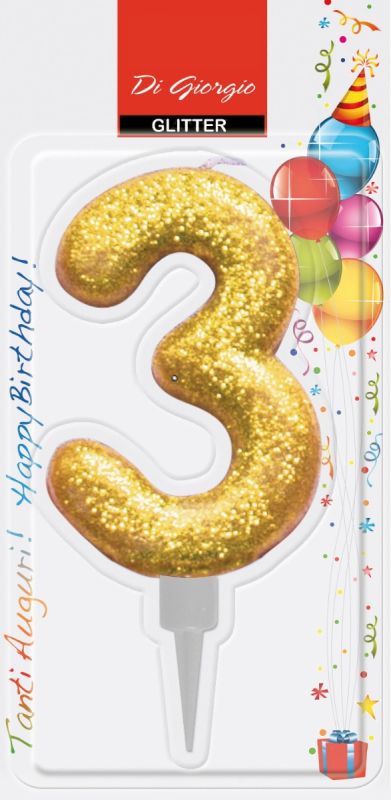 Candela di compleanno Gigante con glitter numero 3 - Oro