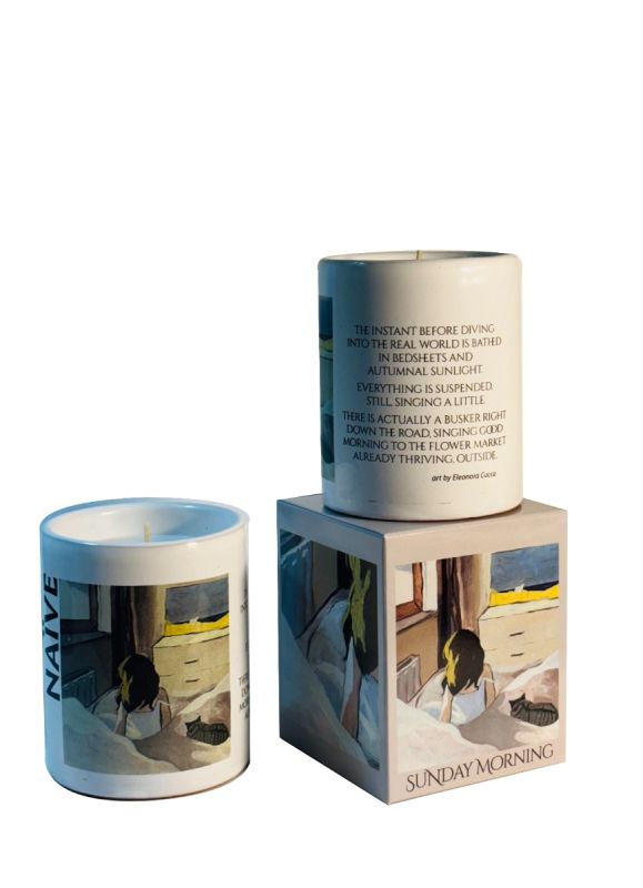 Candela Vegetale Vegana profumata in bicchiere in vaso di porcellana con decorazione artistica - Collezione Naive - Sunday Morning - 44 ORE
