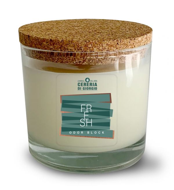 Candela Vegetale Vegana in bicchiere con coperchio in sughero Odor Block - Fresh- 50 ORE