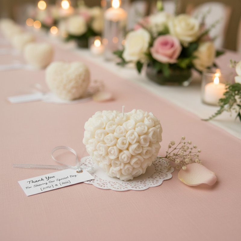 Candela a Forma di Cuore con Petali - Colore Bianco - Lunghezza 5.5 cm Altezza 3 cm - Ideale come Bomboniera per Eventi e Matrimoni