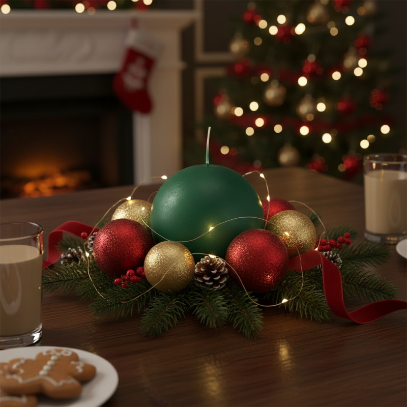 4 Candele Sfera - Colore Verde- Diametro 6 cm - Durata 15 ore - Astuccio Decorato - Idea Regalo Natale