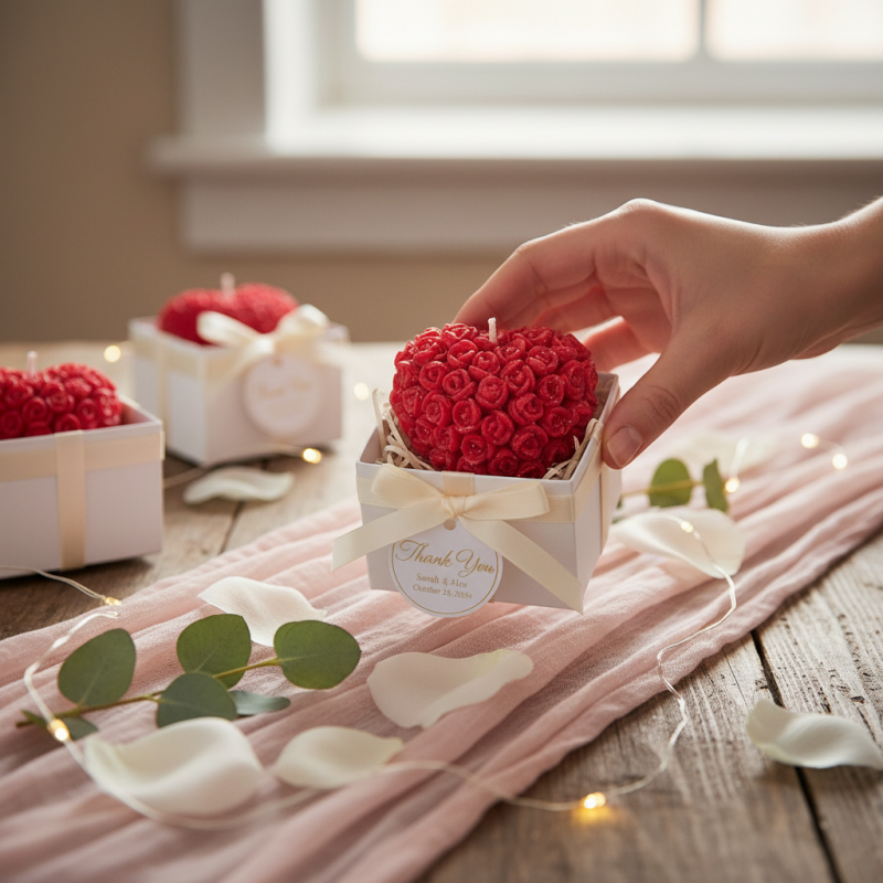 Candela a Forma di Cuore con Petali - Colore Rosso - Lunghezza 5.5 cm Altezza 3 cm - Ideale come Bomboniera per Eventi e Matrimoni