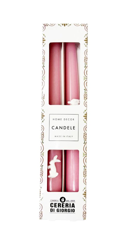 2 Candele Coniche con Coniglietti - Diametro 2,2 cm Altezza 25 cm - Colore Rosa Polvere 