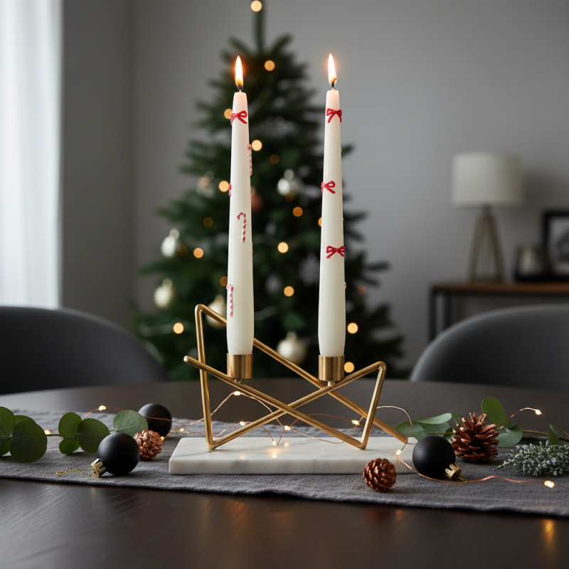 2 Candele Coniche Decorate con Fiocchi e Candy Canes - Diametro 2.2 cm Altezza 25 cm - Durata 7 ore