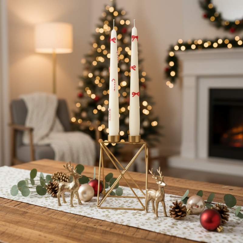 2 Candele Coniche Decorate con Fiocchi e Candy Canes - Diametro 2.2 cm Altezza 25 cm - Durata 7 ore