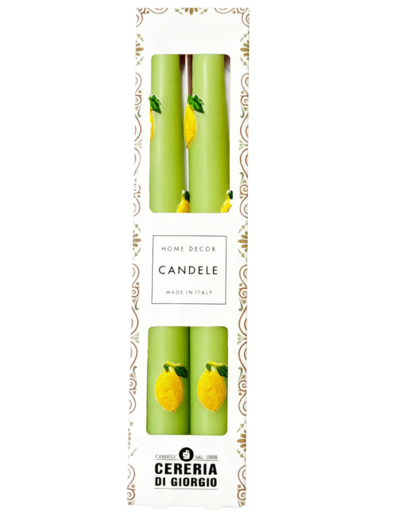 2 Candele Coniche con Limoni in cera  - Diametro 2,2 cm Altezza 25 cm - Colore Pistacchio