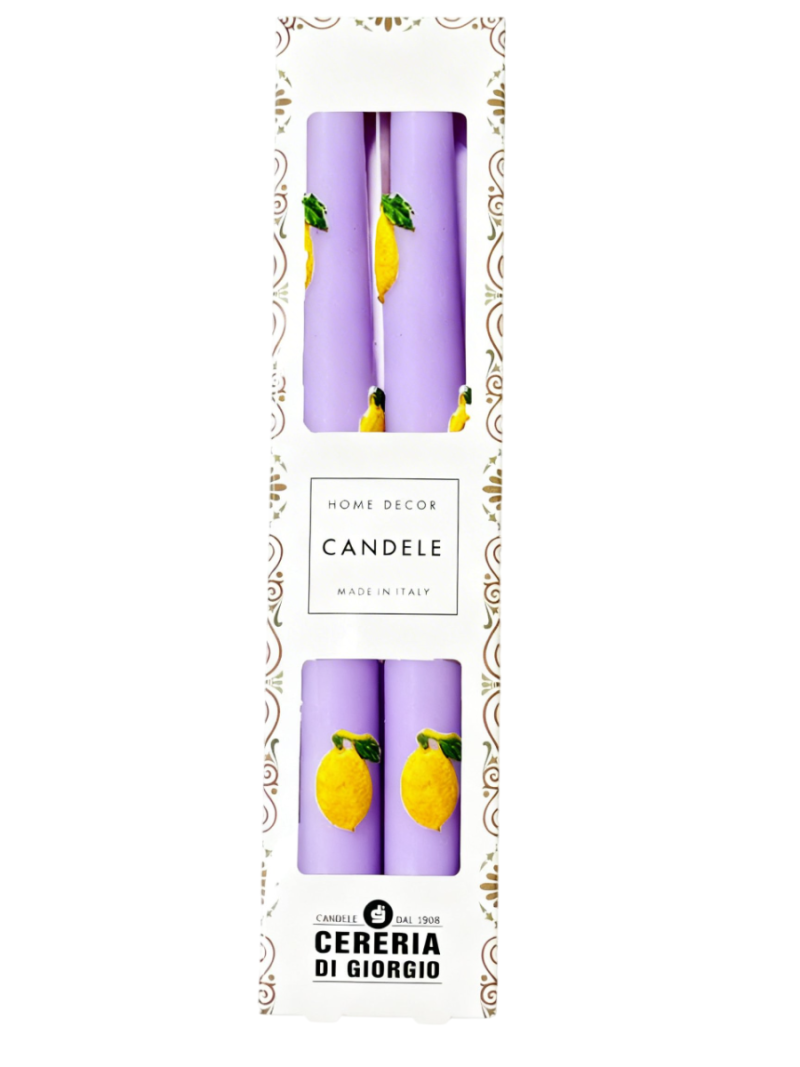 2 Candele Coniche con Limoni in cera  - Diametro 2,2 cm Altezza 25 cm - Colore Viola Polvere