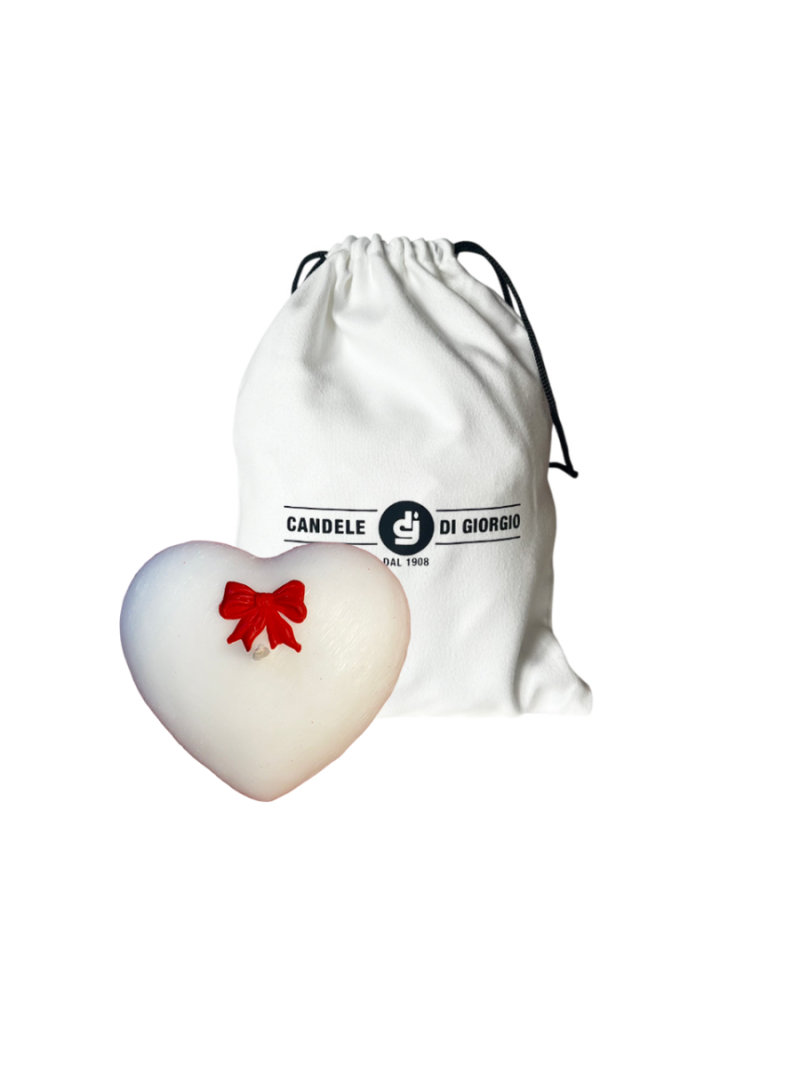 Candela a forma di Cuore Graffiato - Bianco- con fiocco Rosso - 10x5 cm