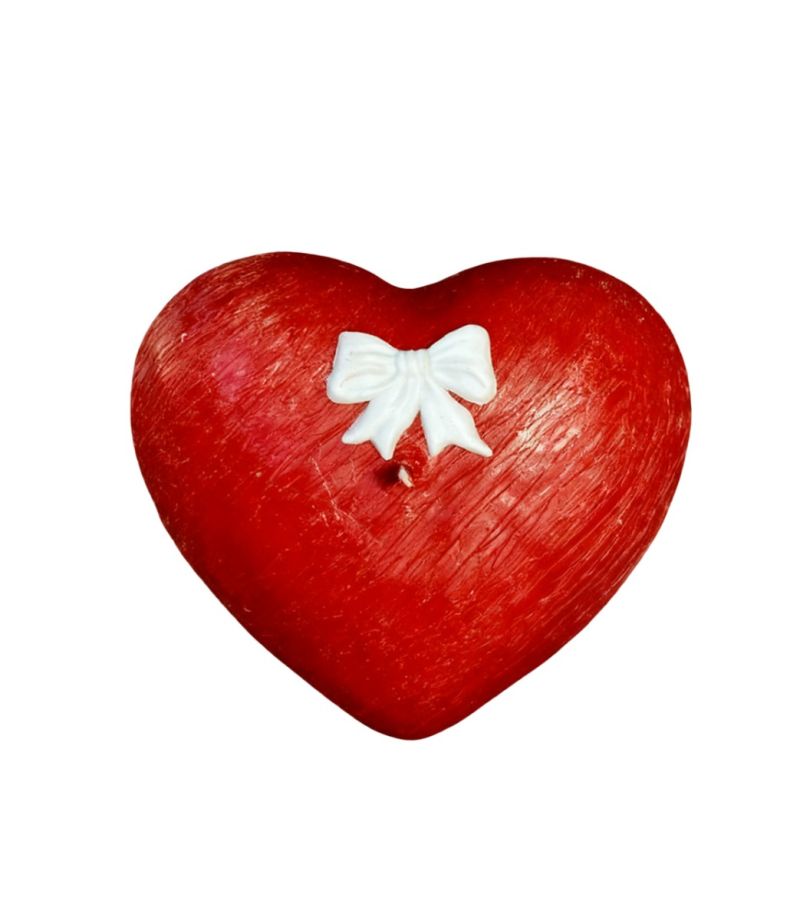 Candela a forma di Cuore Graffiato - Rosso - con fiocco Bianco - 10x5 cm
