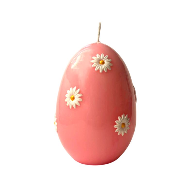 Candela a forma di Uovo con Maxi Margherite- Rosa Polvere- h 14 cm