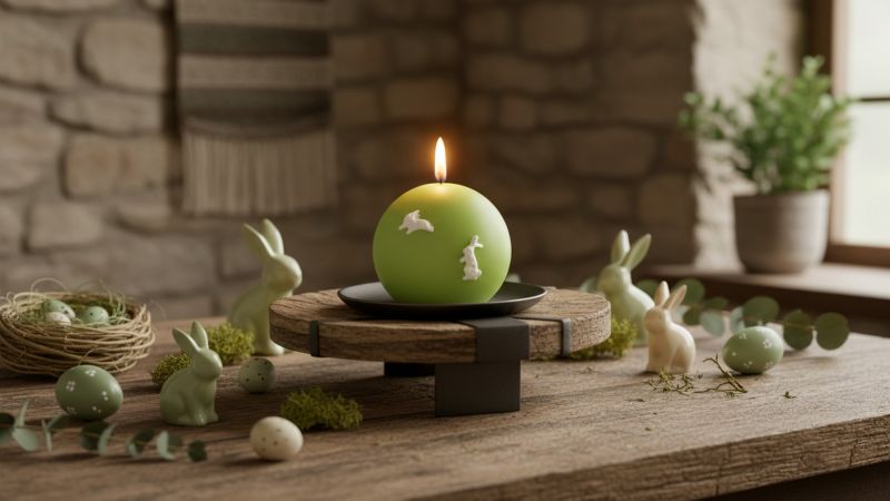 Candela Sfera diametro 10 cm con coniglietti decorativi -  Colore Pistacchio