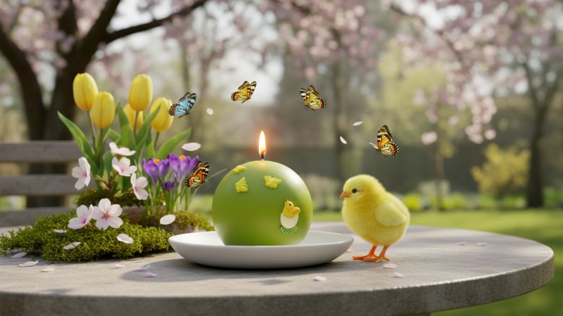 Candela Sfera diametro 10 cm con Farfalle e Pulcino in cera - Colore Pistacchio