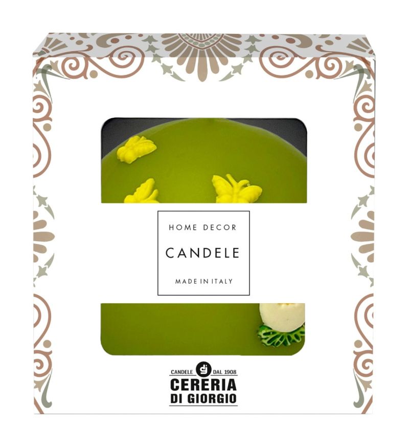 Candela Sfera diametro 10 cm con Farfalle e Pulcino in cera - Colore Pistacchio