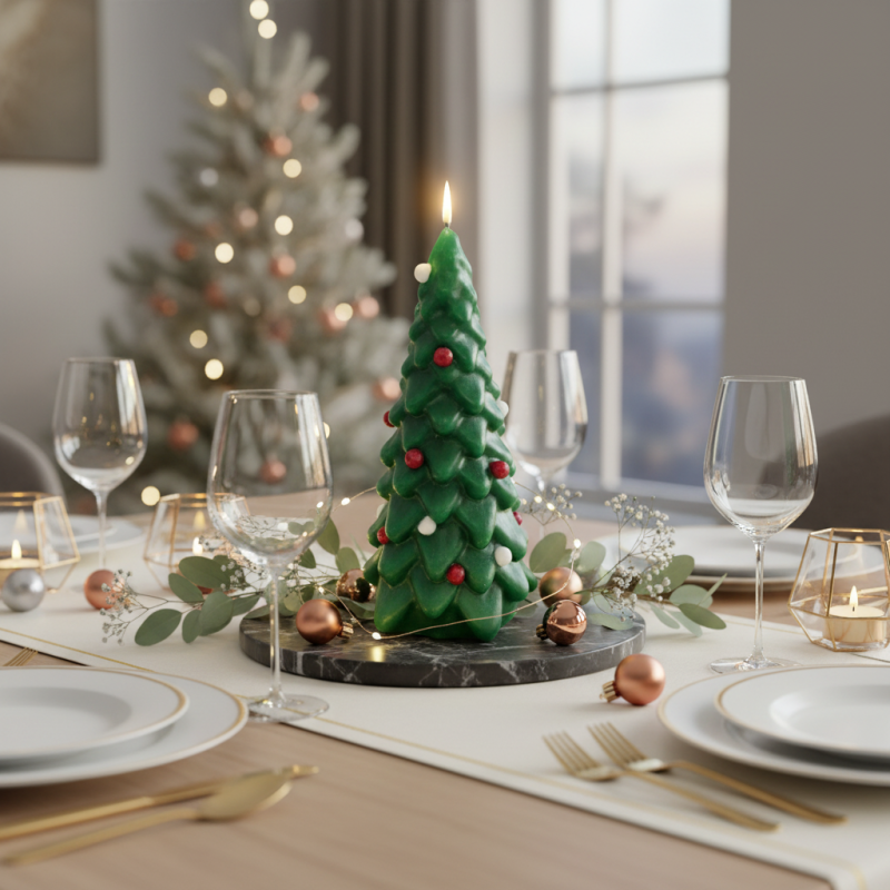 Candela Laccata a forma di Albero di Natale con Palline Colorate - Colore Verde - Altezza 19 cm
