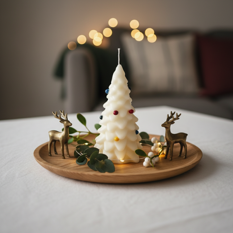 Candela Laccata a forma di Albero di Natale con Palline Colorate - Colore Panna - Altezza 19 cm