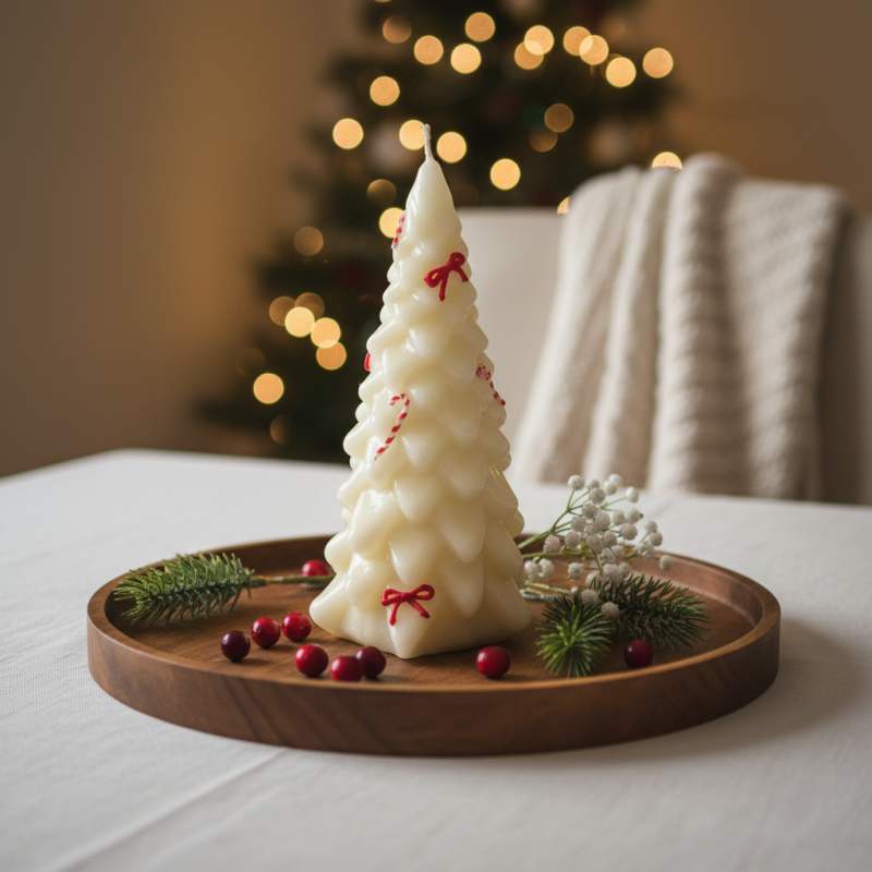 Candela Laccata a forma di Albero di Natale con Candy Canes e Fiocchi Rossi - Colore Panna
