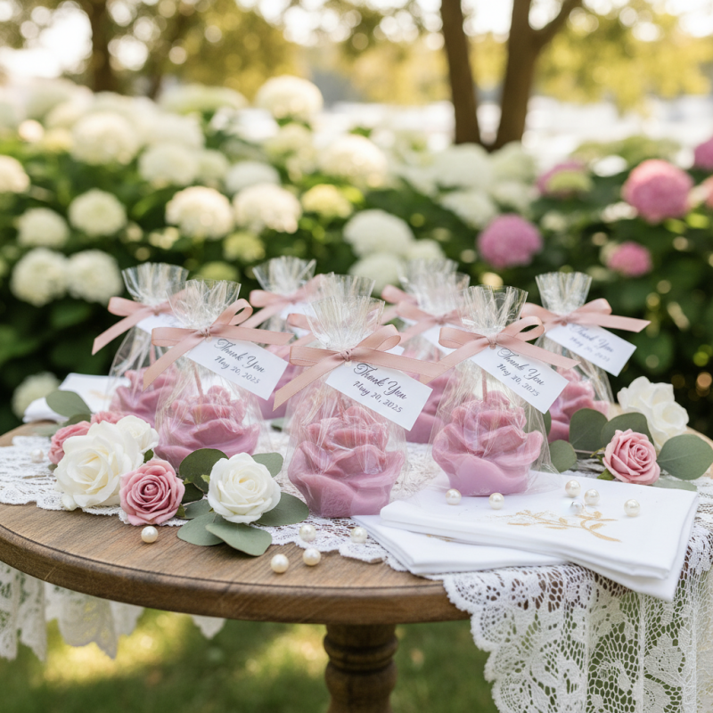 Candela a Forma di Rosellina Laccata - Colore Rosa Polvere- Lunghezza 5.5 cm Altezza 5.5 cm - Ideale come Bomboniera per Eventi e Matrimoni