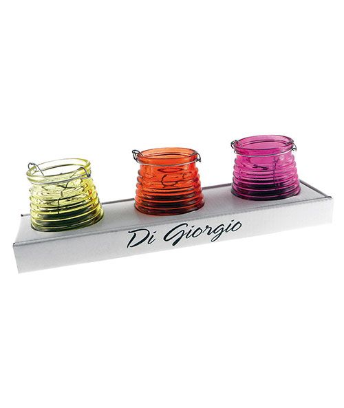 Tealight in vetro colorato e manico in metallo - colori assortiti