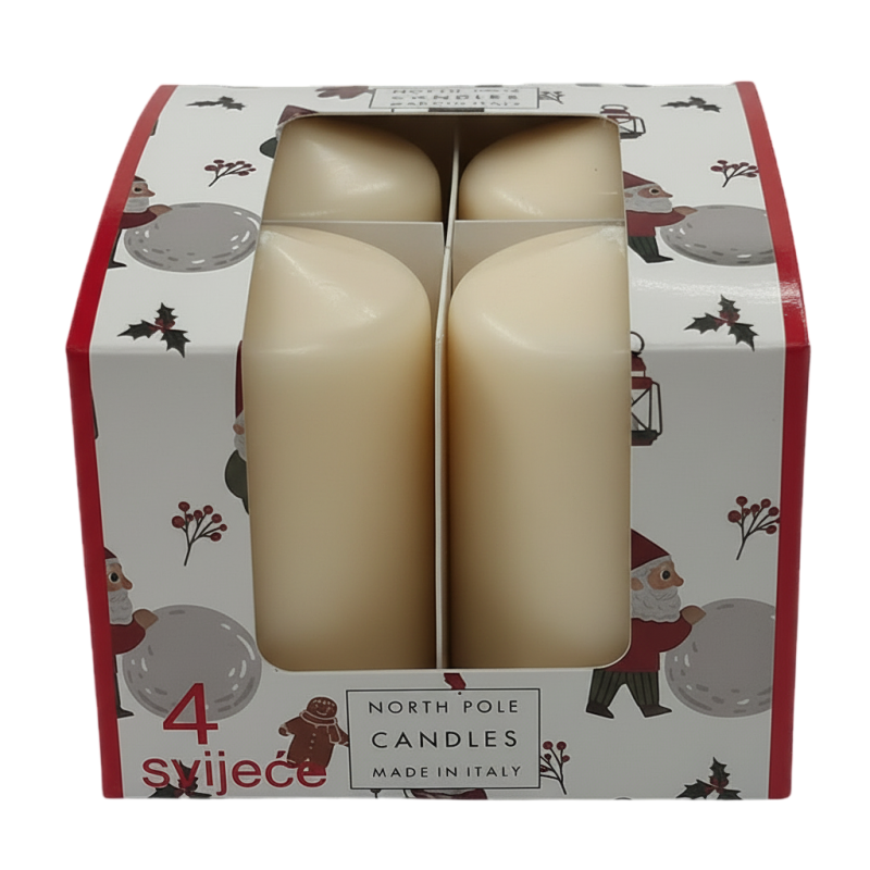 4 Candele Cero - Colore Avorio - Diametro 4 cm Altezza 6 cm - Durata 6 ore - Astuccio Decorato - Idea Regalo Natale