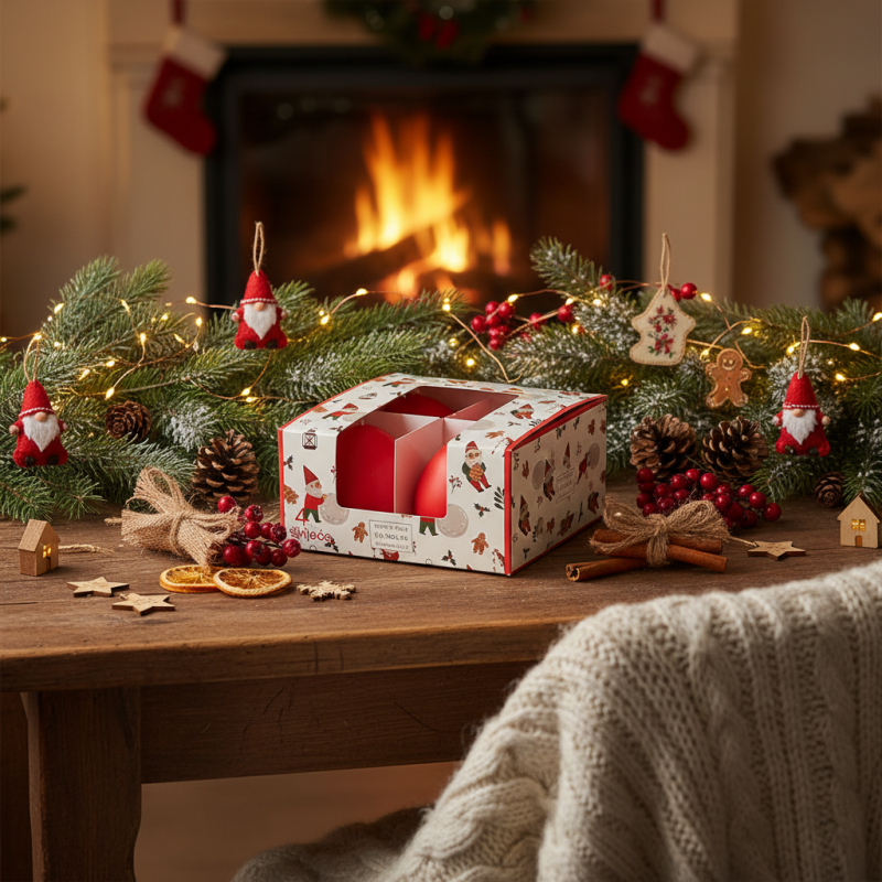 4 Candele Sfera - Colore Rosso - Diametro 6 cm - Durata 15 ore - Astuccio Decorato - Idea Regalo Natale