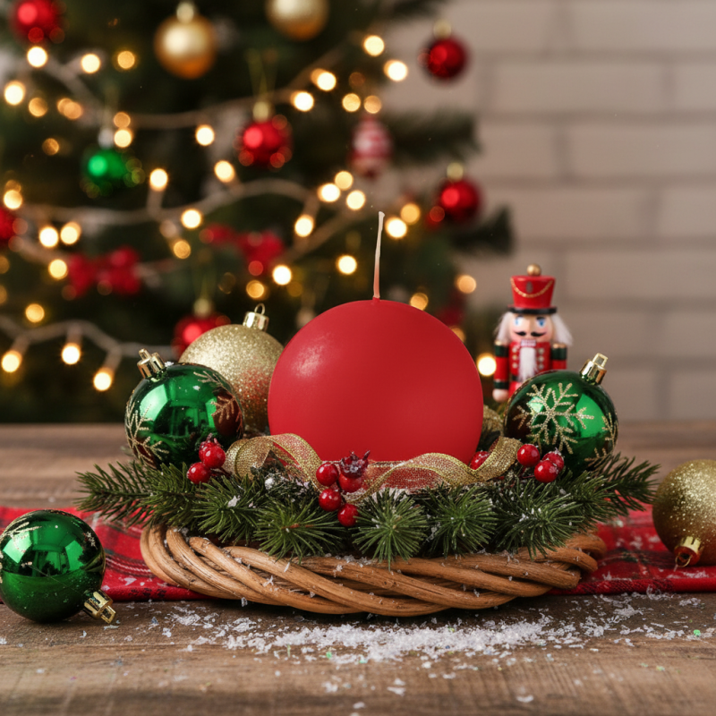 4 Candele Sfera - Colore Rosso - Diametro 6 cm - Durata 15 ore - Astuccio Decorato - Idea Regalo Natale