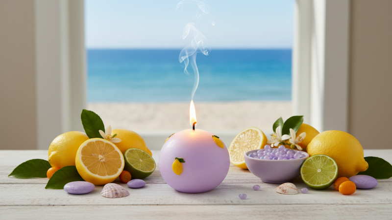 Candela Sfera diametro 10 cm con limoni in cera - Colore Viola Polvere