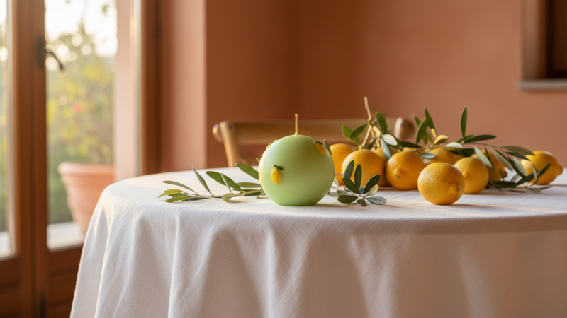 Candela Sfera diametro 10 cm con limoni in cera - Colore Pistacchio