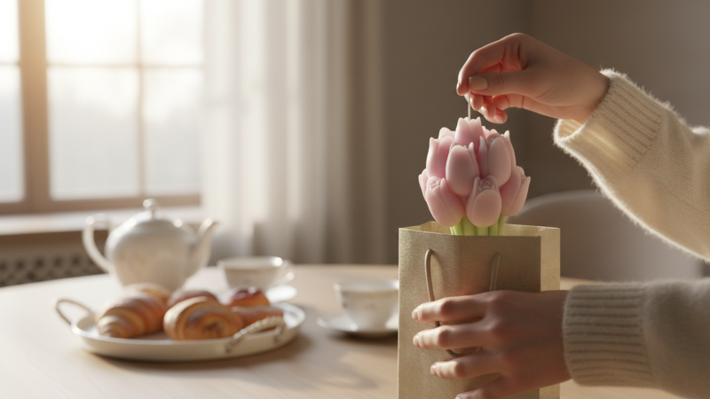 Candela a forma di mazzolino di tulipani - h 9 cm - Rosa Polvere