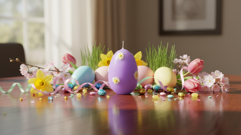 Candela a forma di Uovo con Maxi Margherite - Viola Polvere - h 14 cm