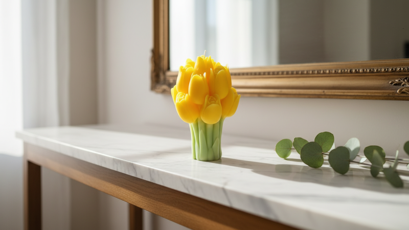 Candela a forma di mazzolino di tulipani - h 9 cm - Senape