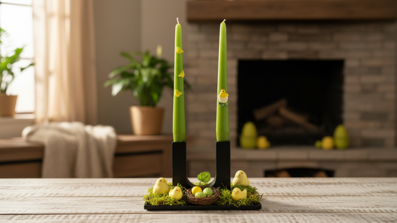 2 Candele Coniche con Farfalle e Pulcino in cera  - Diametro 2,2 cm Altezza 25 cm - Colore Verde Pistacchio