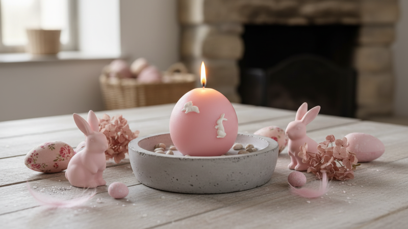 Candela Sfera diametro 10 cm con coniglietti decorativi -  Colore Rosa Polvere